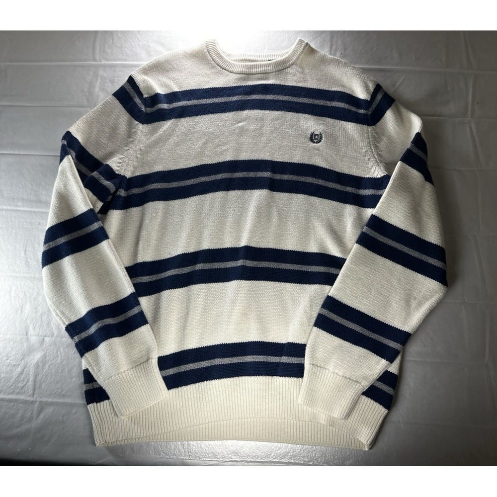 Chaps Sweater Men's XL Cream Navy Striped Crewneck Knit Pullover‎